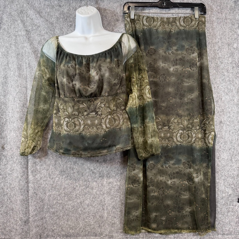 Y2K Whimsigoth Maxi Skirt Set Large Babydoll Top Fairy Grunge Mesh Sheer Forest